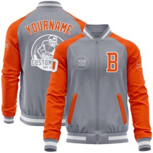 Custom Gray White Orange Bomber Varsity Baseball…