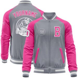 Custom Gray White Pink Bomber Varsity Baseball…