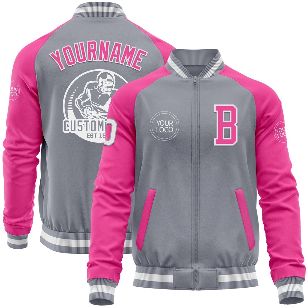 Custom Gray White Pink Bomber Varsity Baseball Jacket, Custom Team Jacket Custom Gray White Pink Bomber Varsity Baseball Jacket, Custom Team Jacket