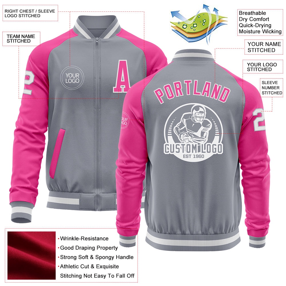 Custom Gray White Pink Bomber Varsity Baseball Jacket, Custom Team Jacket Custom Gray White Pink Bomber Varsity Baseball Jacket, Custom Team Jacket