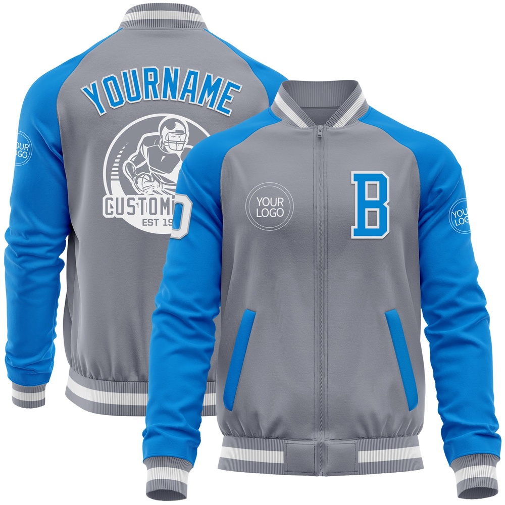 Custom Gray White Powder Blue Varsity Baseball Jacket, Custom Team Jacket Custom Gray White Powder Blue Varsity Baseball Jacket, Custom Team Jacket