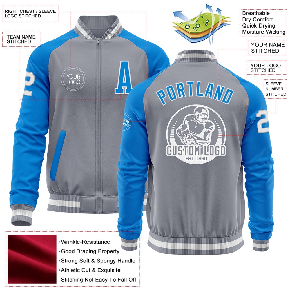 Custom Gray White Powder Blue Varsity Baseball Jacket, Custom Team Jacket Custom Gray White Powder Blue Varsity Baseball Jacket, Custom Team Jacket