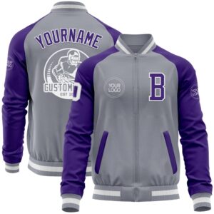 Custom Gray White Purple Varsity Baseball Jacket,…