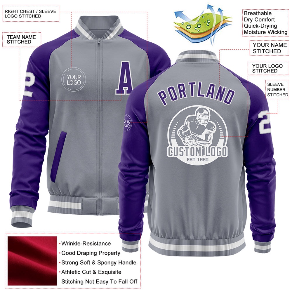 Custom Gray White Purple Varsity Baseball Jacket, Custom Team Jacket Custom Gray White Purple Varsity Baseball Jacket, Custom Team Jacket