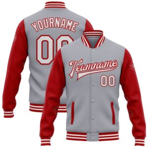 Custom Gray White Red Bomber Full Snap…