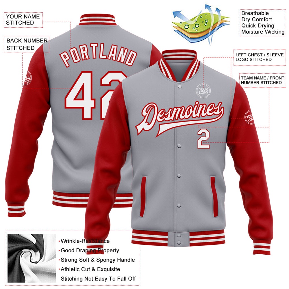 Custom Gray White Red Bomber Full Snap Varsity Baseball Jacket, Custom Team Jacket Custom Gray White Red Bomber Full Snap Varsity Baseball Jacket, Custom Team Jacket