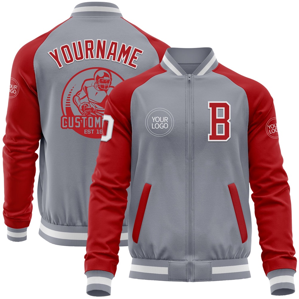Custom Gray White Red Bomber Varsity Baseball Jacket, Custom Team Jacket Custom Gray White Red Bomber Varsity Baseball Jacket, Custom Team Jacket