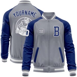 Custom Gray White Royal Bomber Varsity Baseball…