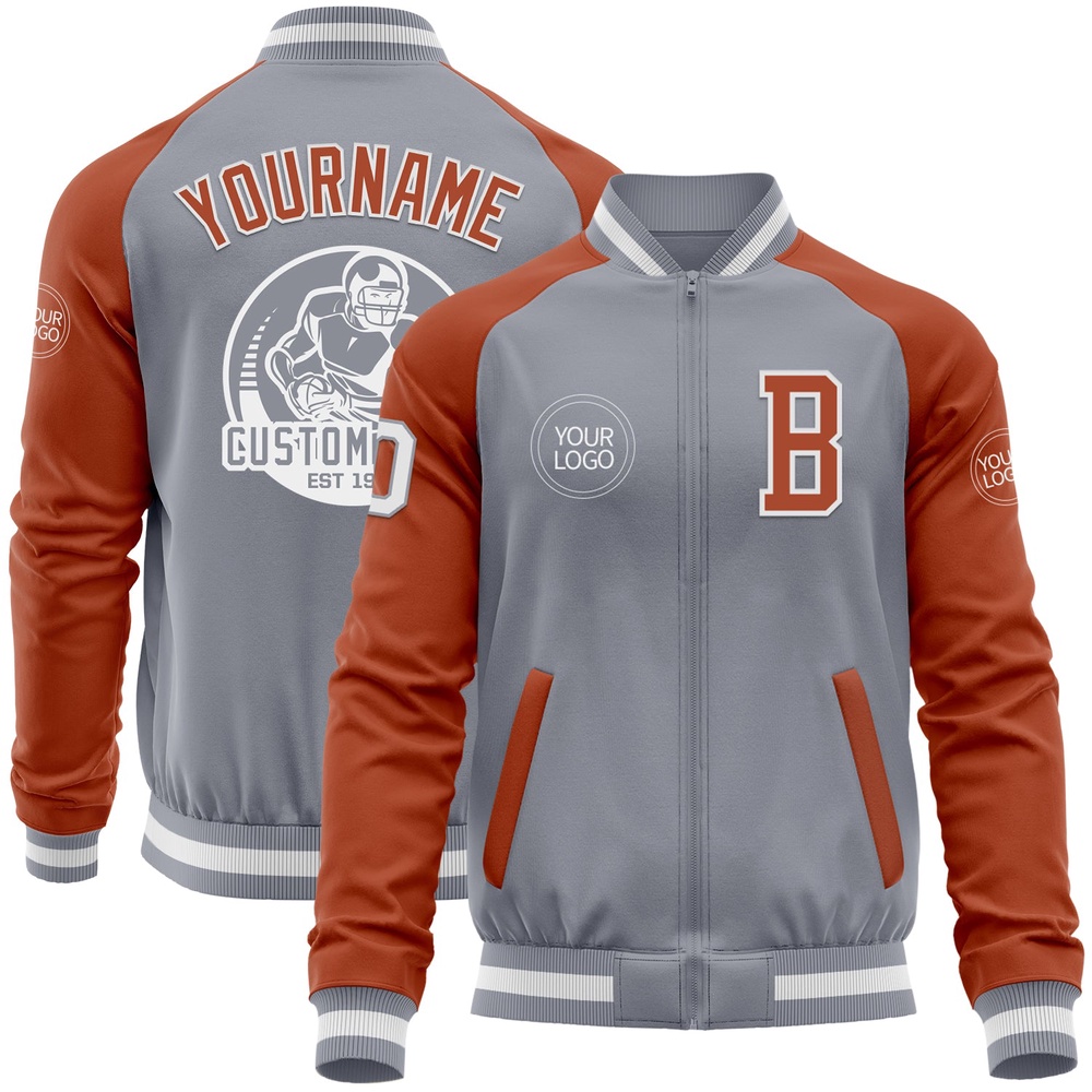 Custom Gray White Texas Orange Bomber Varsity Baseball Jacket, Custom Team Jacket Custom Gray White Texas Orange Bomber Varsity Baseball Jacket, Custom Team Jacket