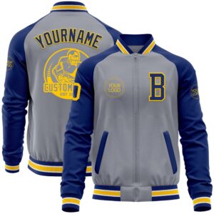Custom Gray Yellow Royal Bomber Varsity Baseball…