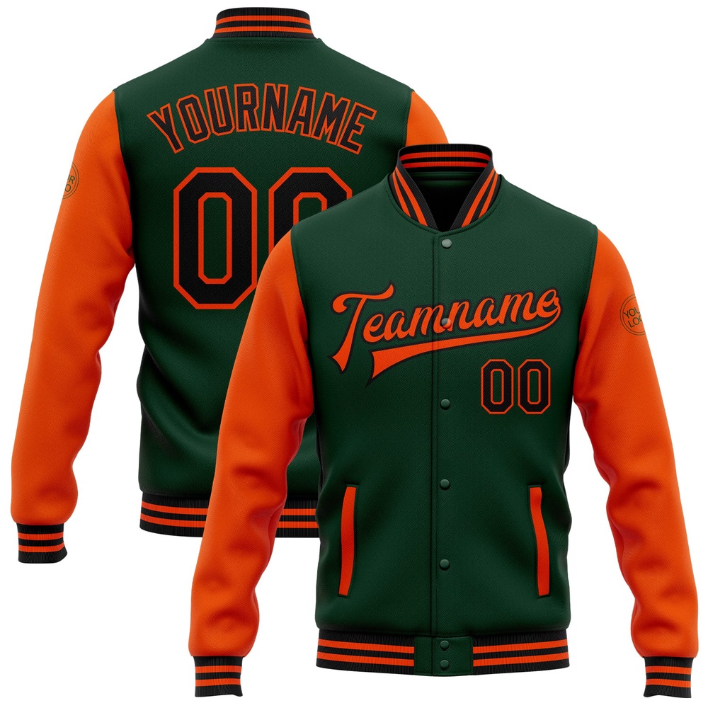 Custom Green Black Orange Bomber Full Snap Varsity Baseball Jacket, Custom Team Jacket Custom Green Black Orange Bomber Full Snap Varsity Baseball Jacket, Custom Team Jacket