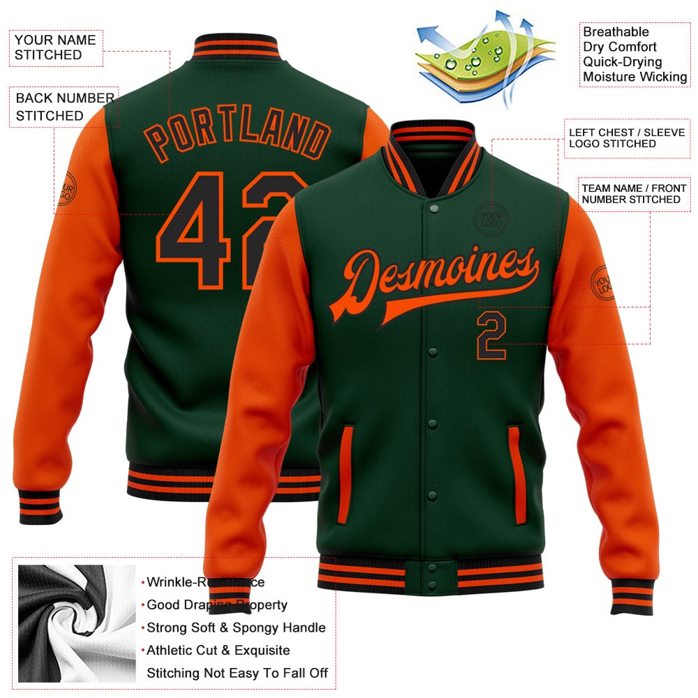 Custom Green Black Orange Bomber Full Snap Varsity Baseball Jacket, Custom Team Jacket Custom Green Black Orange Bomber Full Snap Varsity Baseball Jacket, Custom Team Jacket