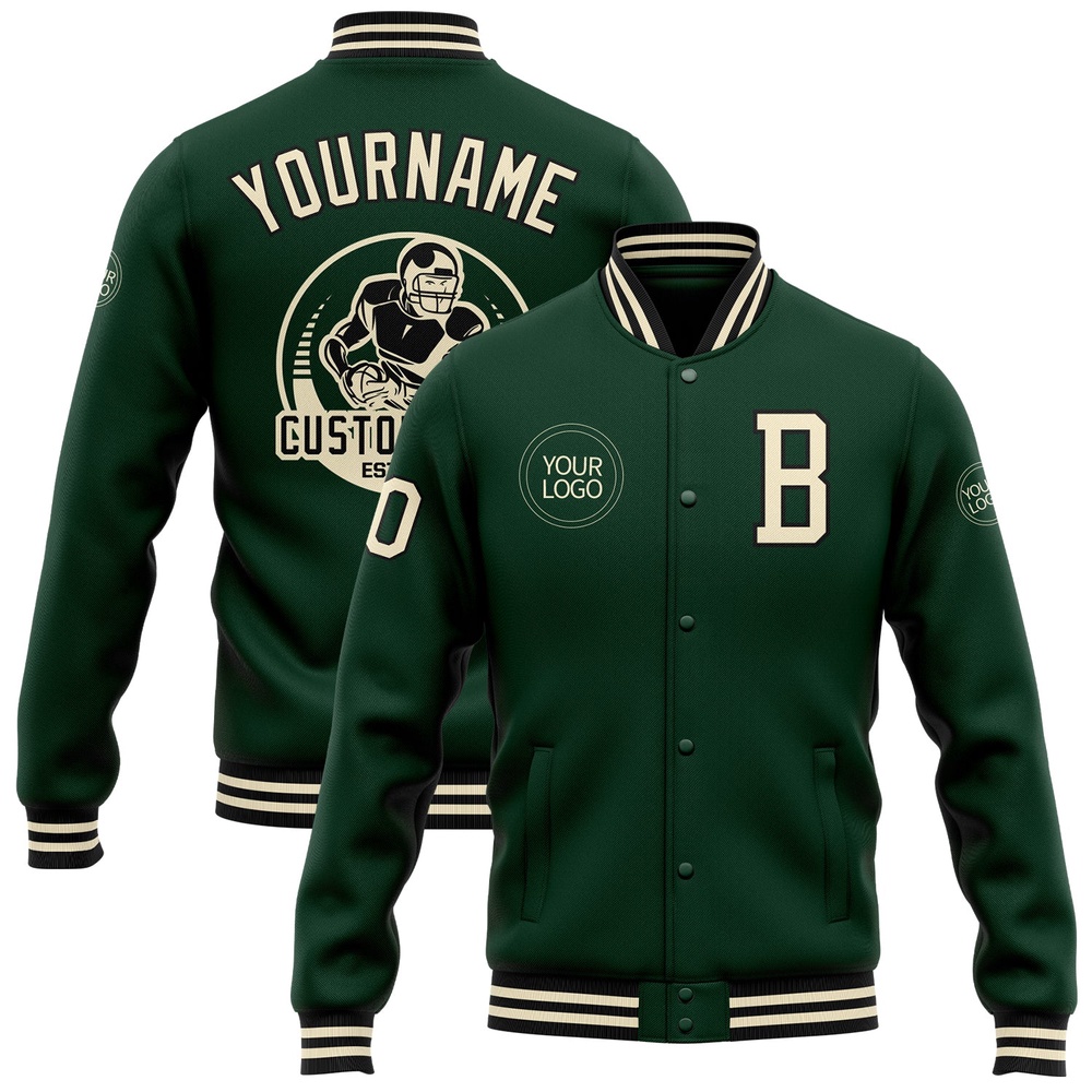 Custom Green Cream Black Bomber Full Snap Baseball Jacket, Custom Team Jacket Custom Green Cream Black Bomber Full Snap Baseball Jacket, Custom Team Jacket