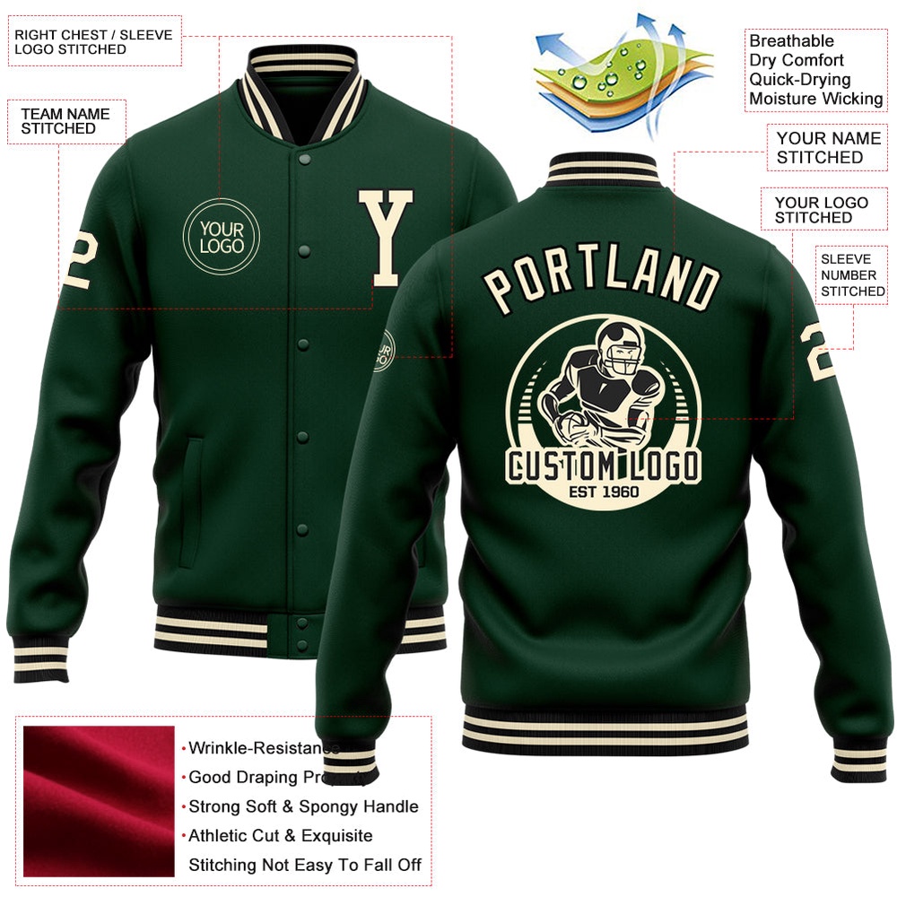 Custom Green Cream Black Bomber Full Snap Baseball Jacket, Custom Team Jacket Custom Green Cream Black Bomber Full Snap Baseball Jacket, Custom Team Jacket