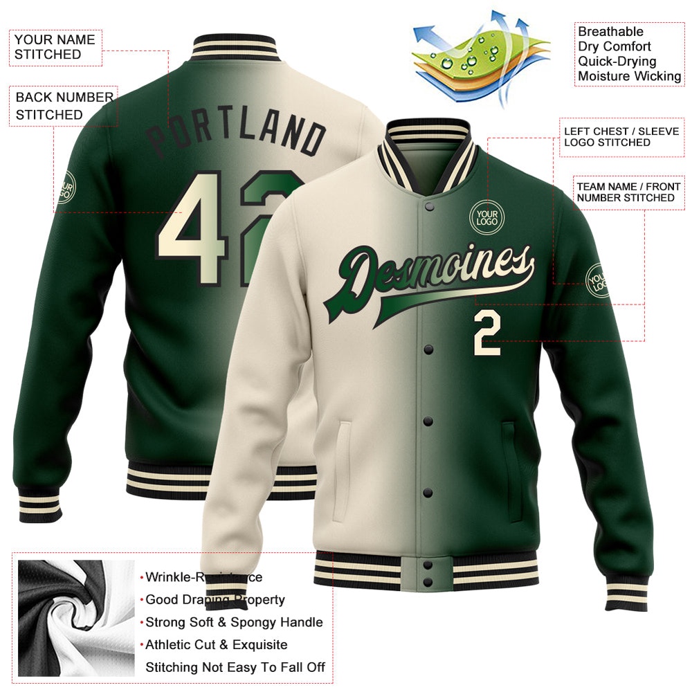 Custom Green Cream Black Bomber Full Snap Varsity Letterman Gradient Fashion Jacket, Custom Team Jacket