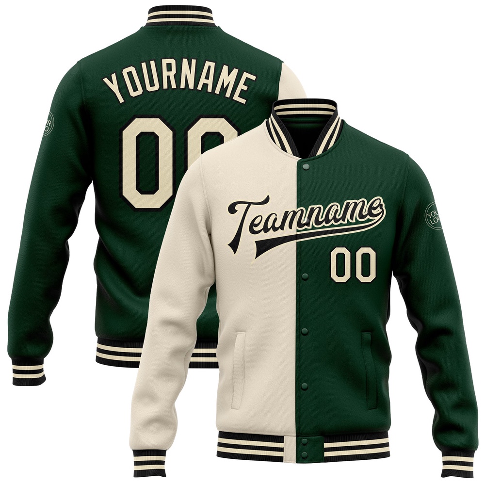 Custom Green Cream Black Bomber Full Snap Varsity Letterman Split Fashion Jacket, Custom Team Jacket Custom Green Cream Black Bomber Full Snap Varsity Letterman Split Fashion Jacket, Custom Team Jacket