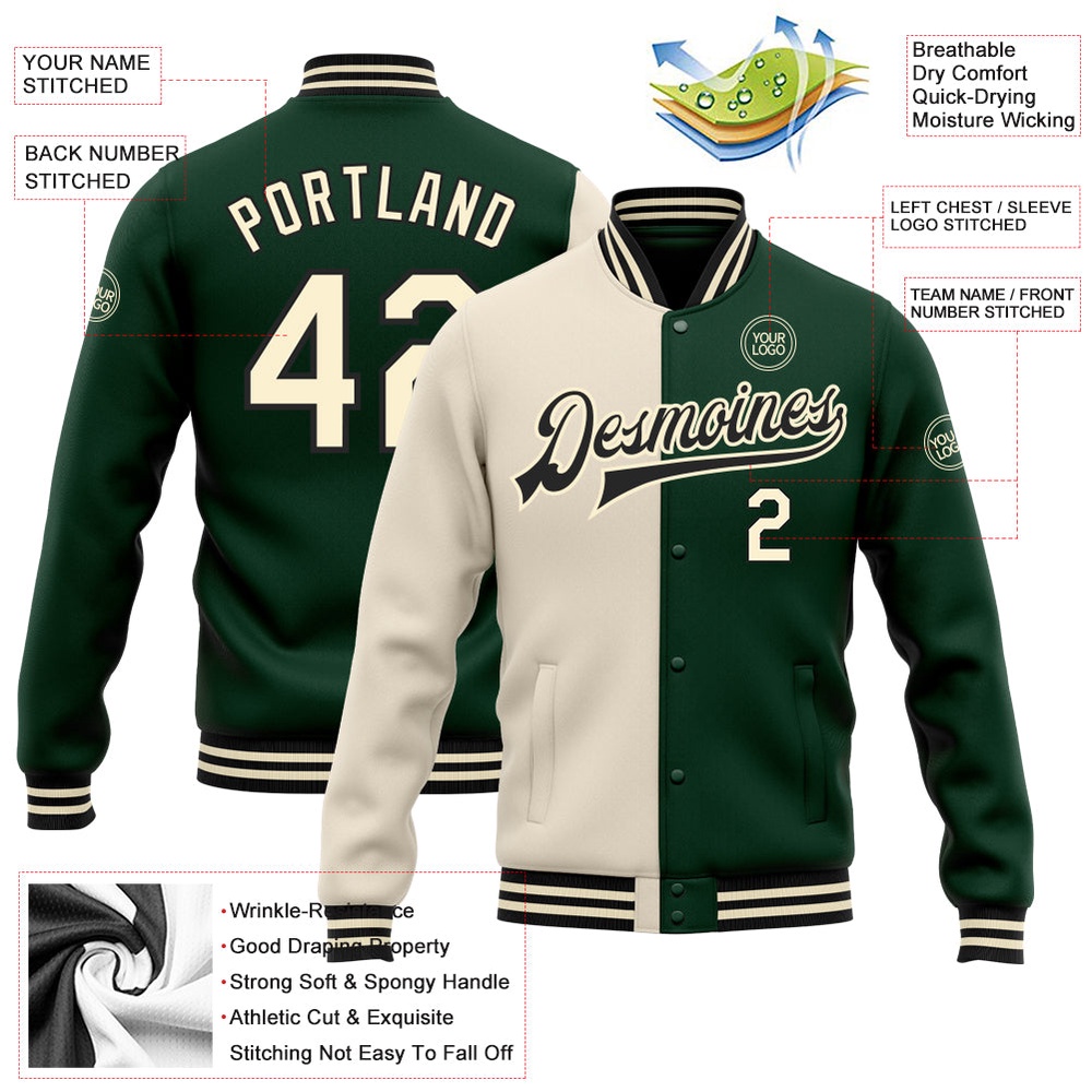 Custom Green Cream Black Bomber Full Snap Varsity Letterman Split Fashion Jacket, Custom Team Jacket Custom Green Cream Black Bomber Full Snap Varsity Letterman Split Fashion Jacket, Custom Team Jacket
