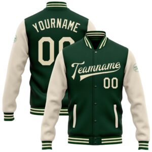 Custom Green Cream Bomber Full Snap Varsity…