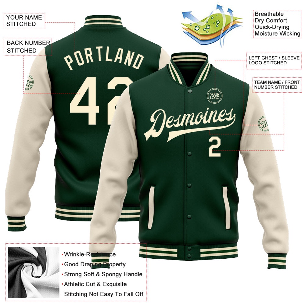 Custom Green Cream Bomber Full Snap Varsity Baseball Jacket, Custom Team Jacket Custom Green Cream Bomber Full Snap Varsity Baseball Jacket, Custom Team Jacket