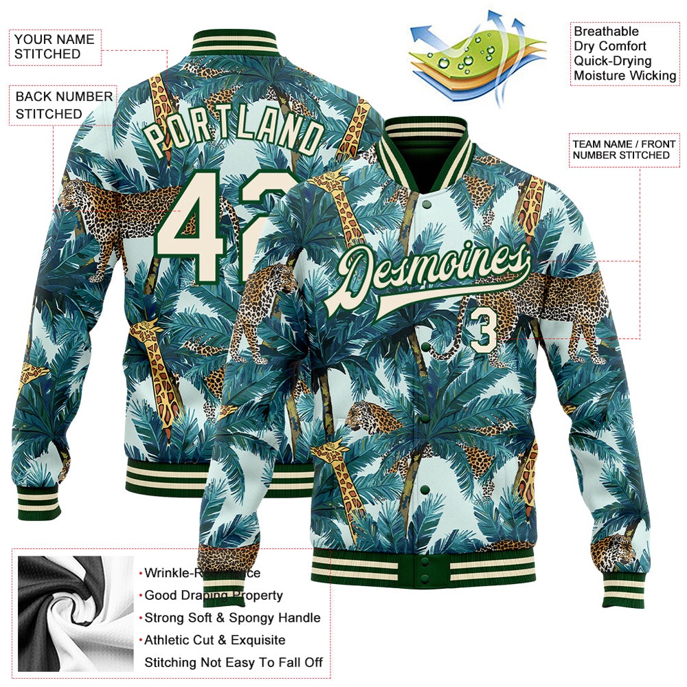 Custom Green Cream Tropical Tiger And Giraffe With Palms 3D Pattern Design Bomber Full Snap Baseball Jacket, Custom Team Jacket Custom Green Cream Tropical Tiger And Giraffe With Palms 3D Pattern Design Bomber Full Snap Baseball Jacket, Custom Team Jacket