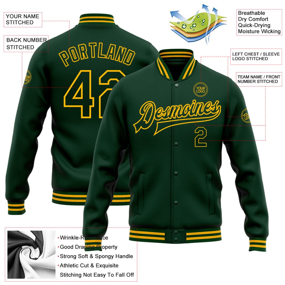 Custom Green Gold Bomber Full Snap Baseball Jacket, Custom Team Jacket