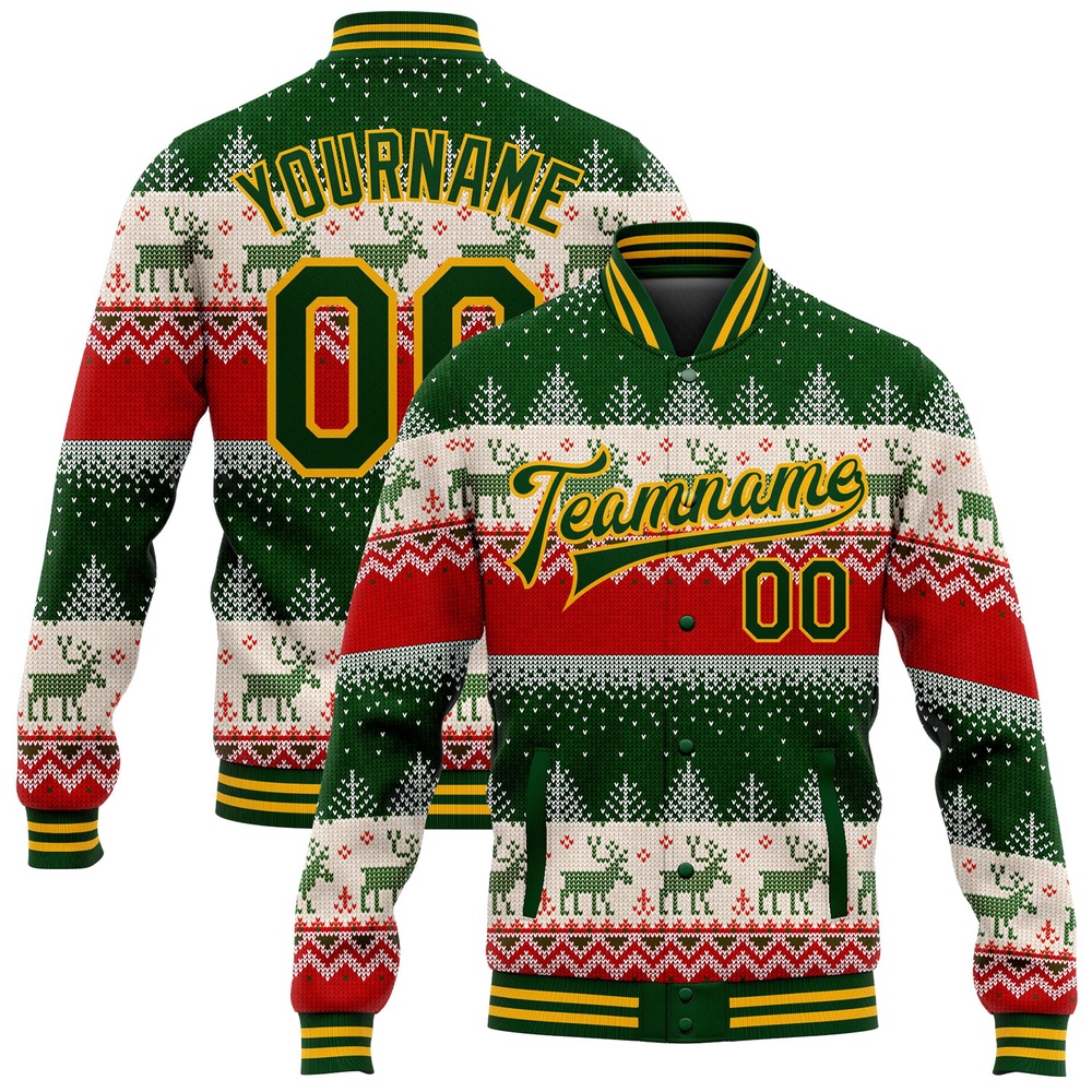 Custom Green Gold Christmas Reindeers 3D Bomber Full Snap Baseball Jacket, Custom Team Jacket Custom Green Gold Christmas Reindeers 3D Bomber Full Snap Baseball Jacket, Custom Team Jacket