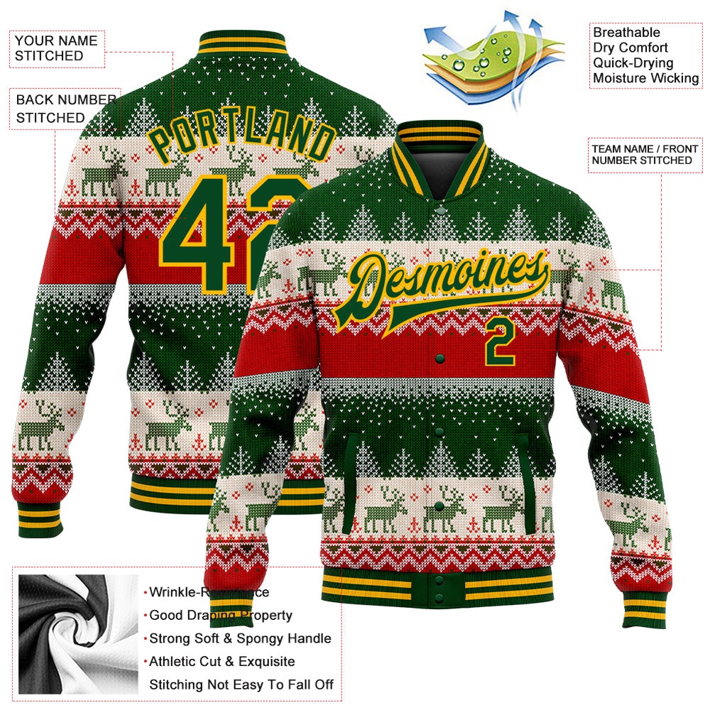Custom Green Gold Christmas Reindeers 3D Bomber Full Snap Baseball Jacket, Custom Team Jacket Custom Green Gold Christmas Reindeers 3D Bomber Full Snap Baseball Jacket, Custom Team Jacket