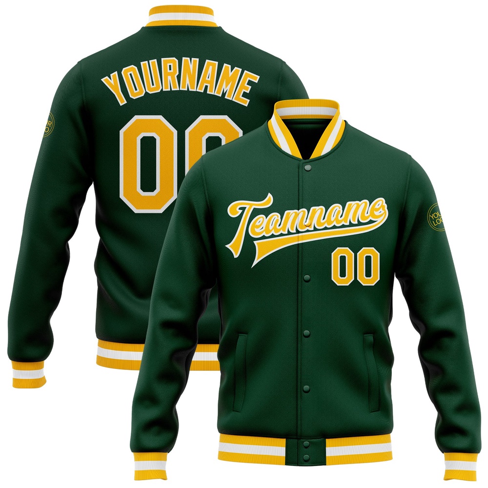 Custom Green Gold White Bomber Full Snap Baseball Jacket, Custom Team Jacket