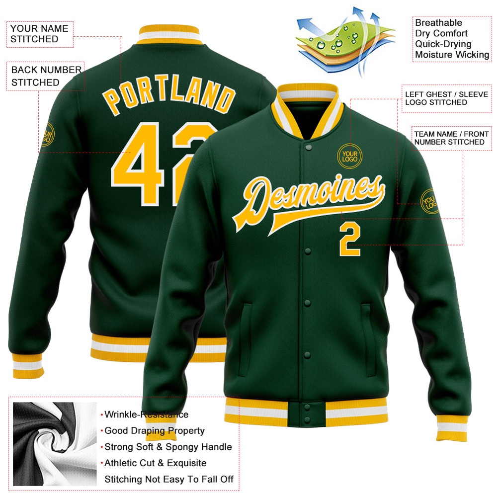 Custom Green Gold White Bomber Full Snap Baseball Jacket, Custom Team Jacket