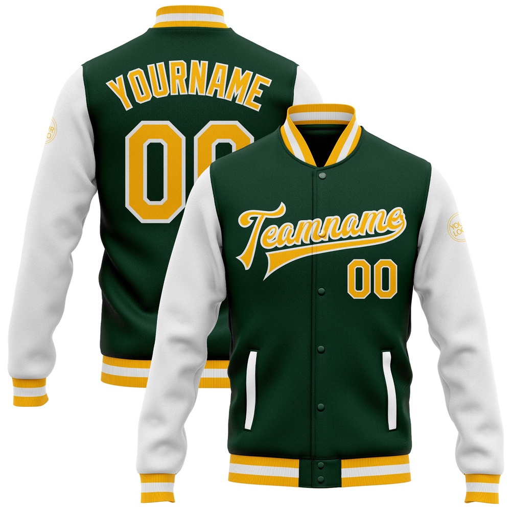 Custom Green Gold White Bomber Full Snap Varsity Baseball Jacket, Custom Team Jacket Custom Green Gold White Bomber Full Snap Varsity Baseball Jacket, Custom Team Jacket