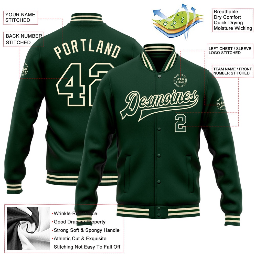 Custom Green Green Cream Bomber Full Snap Baseball Jacket, Custom Team Jacket