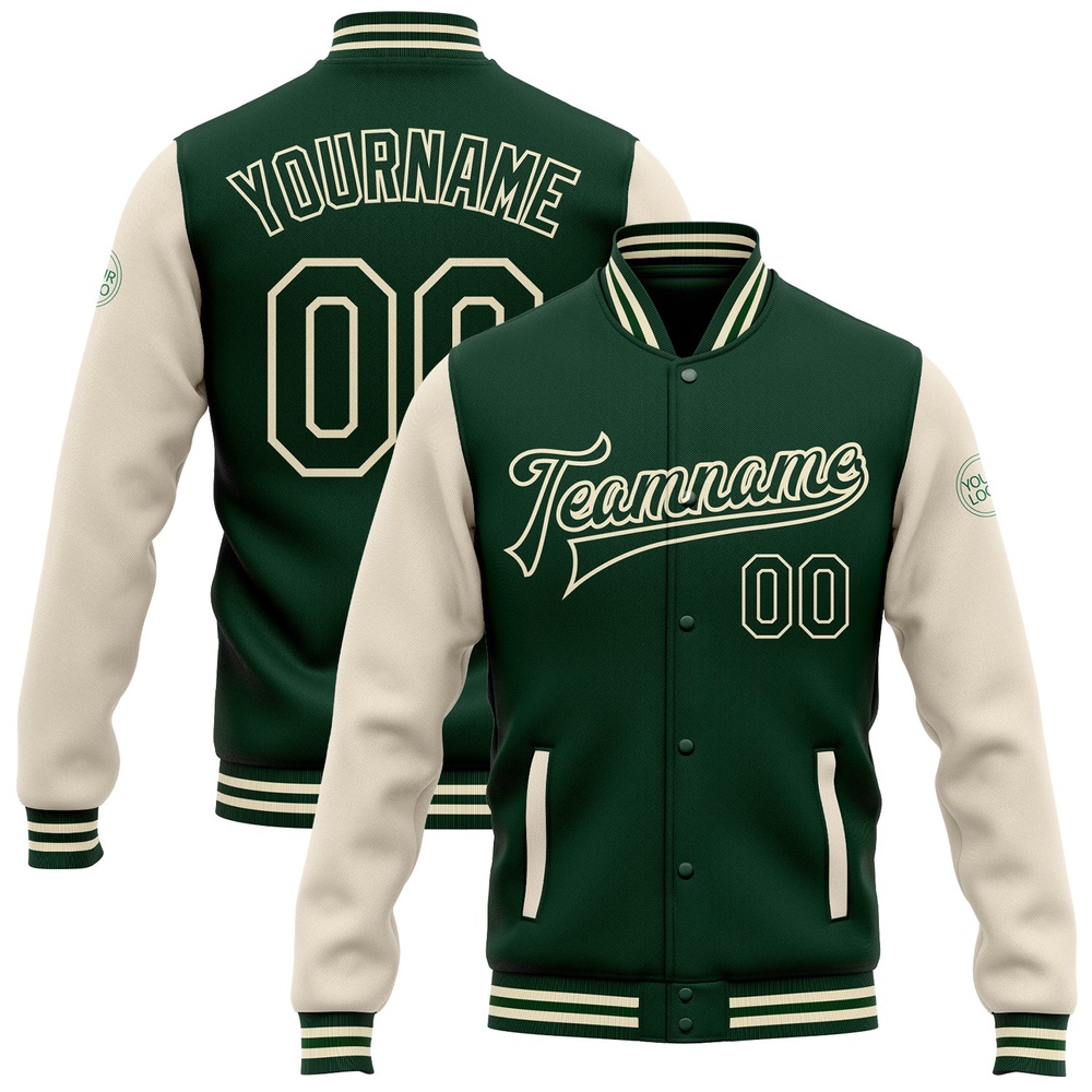 Custom Green Green Cream Bomber Full Snap Varsity Baseball Jacket, Custom Team Jacket