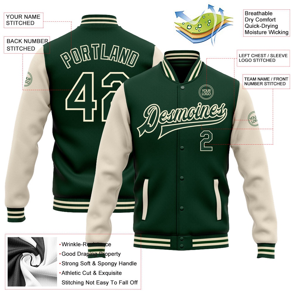 Custom Green Green Cream Bomber Full Snap Varsity Baseball Jacket, Custom Team Jacket