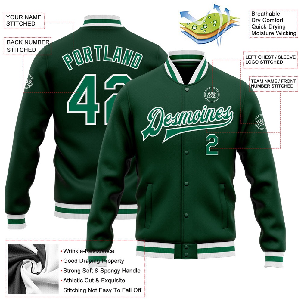 Custom Green Kelly Green White Bomber Full Snap Baseball Jacket, Custom Team Jacket