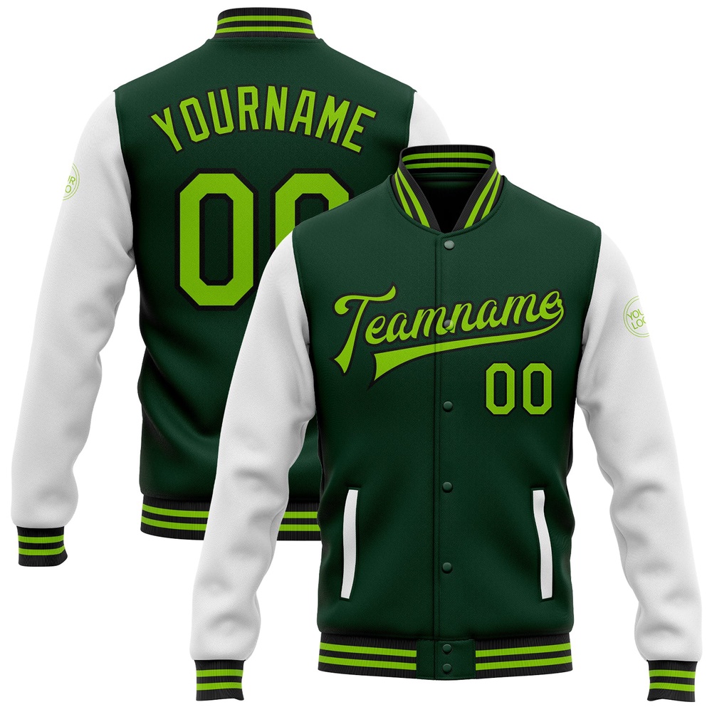 Custom Green Neon Green Black Bomber Full Snap Varsity Baseball Jacket, Custom Team Jacket
