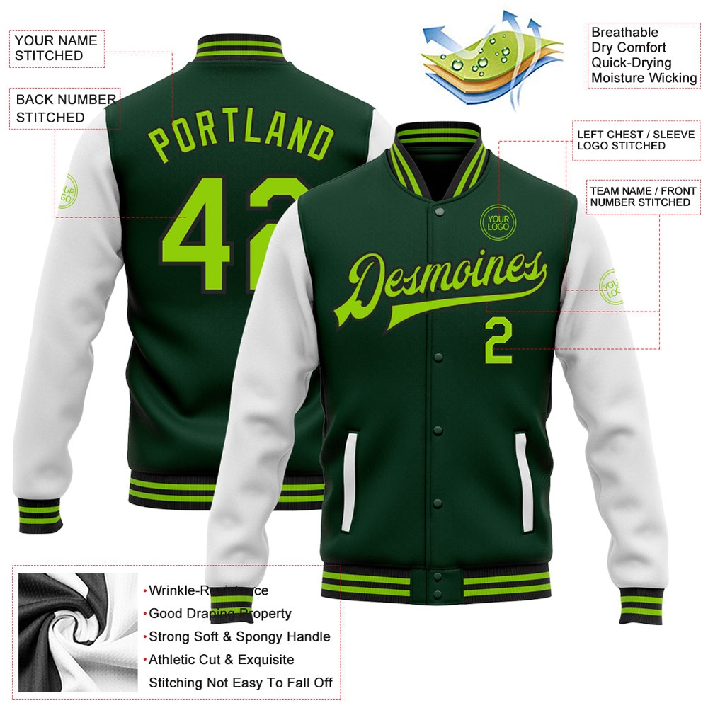 Custom Green Neon Green Black Bomber Full Snap Varsity Baseball Jacket, Custom Team Jacket