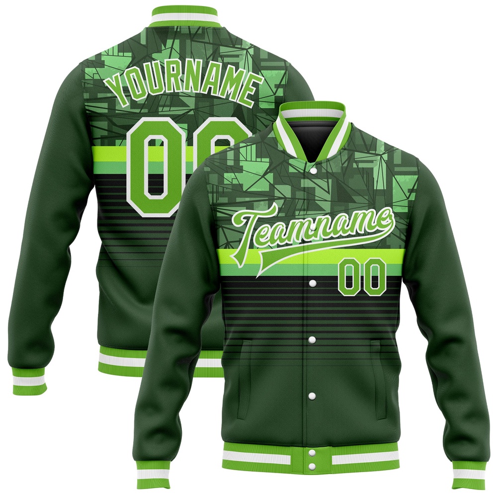 Custom Green Neon Green White 3D Pattern Design Bomber Full Snap Baseball Jacket, Custom Team Jacket Custom Green Neon Green White 3D Pattern Design Bomber Full Snap Baseball Jacket, Custom Team Jacket
