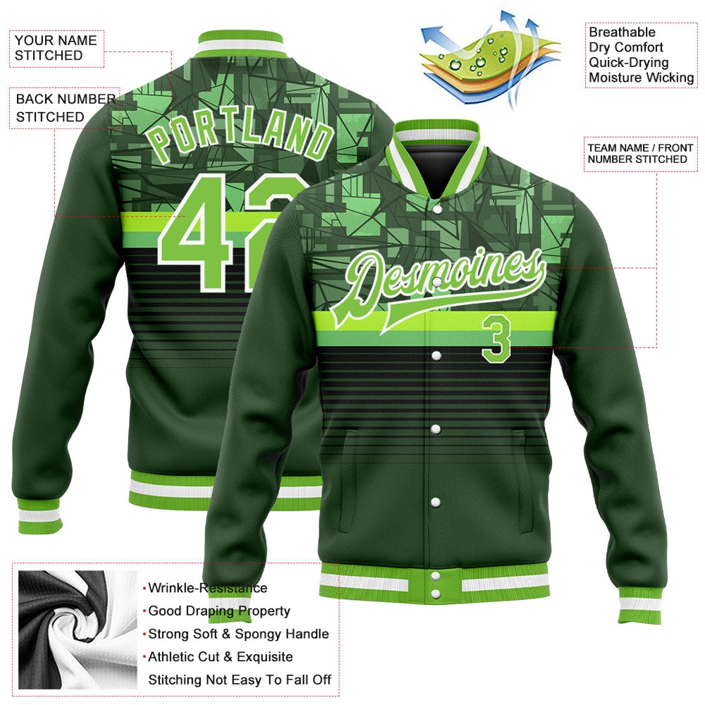 Custom Green Neon Green White 3D Pattern Design Bomber Full Snap Baseball Jacket, Custom Team Jacket Custom Green Neon Green White 3D Pattern Design Bomber Full Snap Baseball Jacket, Custom Team Jacket