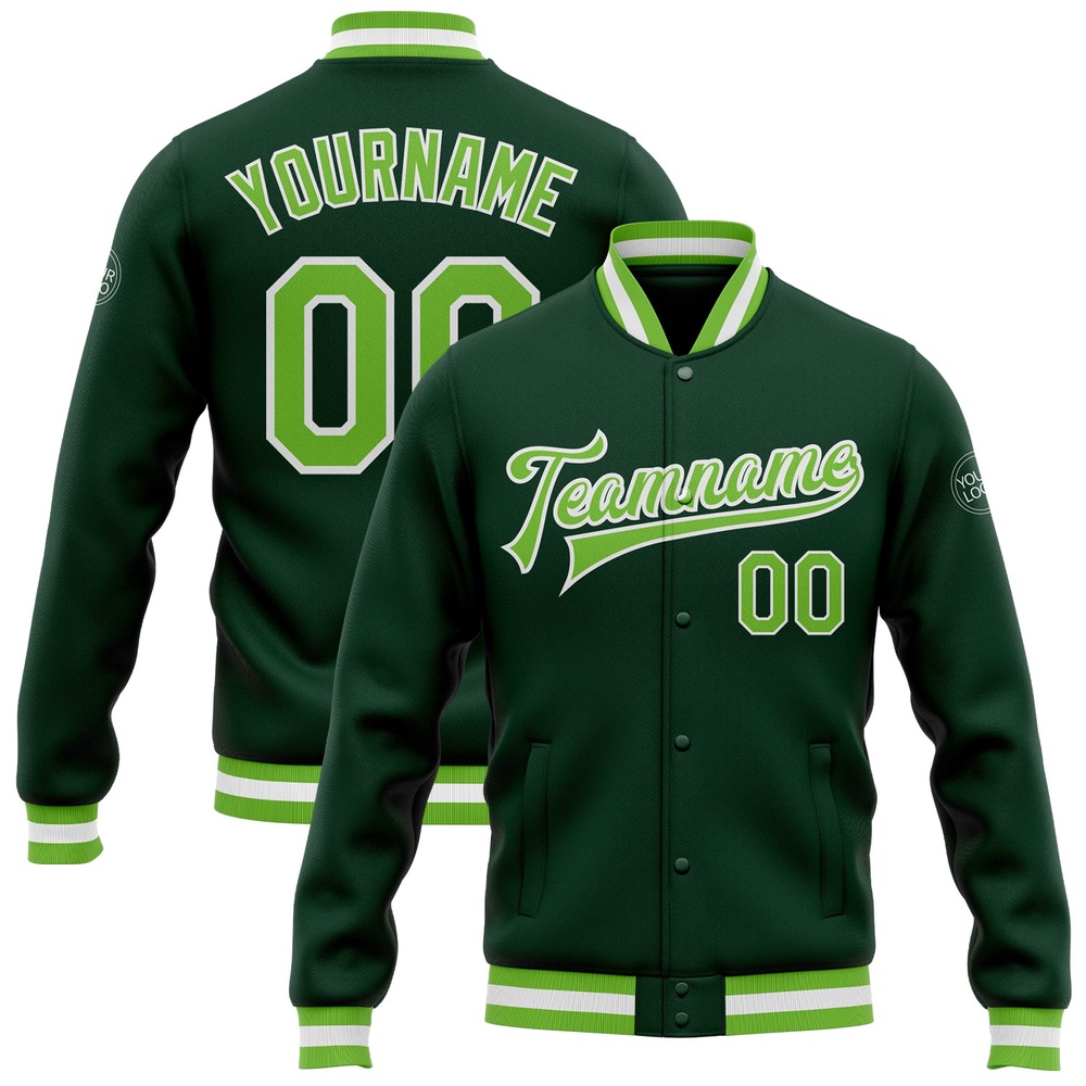 Custom Green Neon Green White Bomber Full Snap Baseball Jacket, Custom Team Jacket