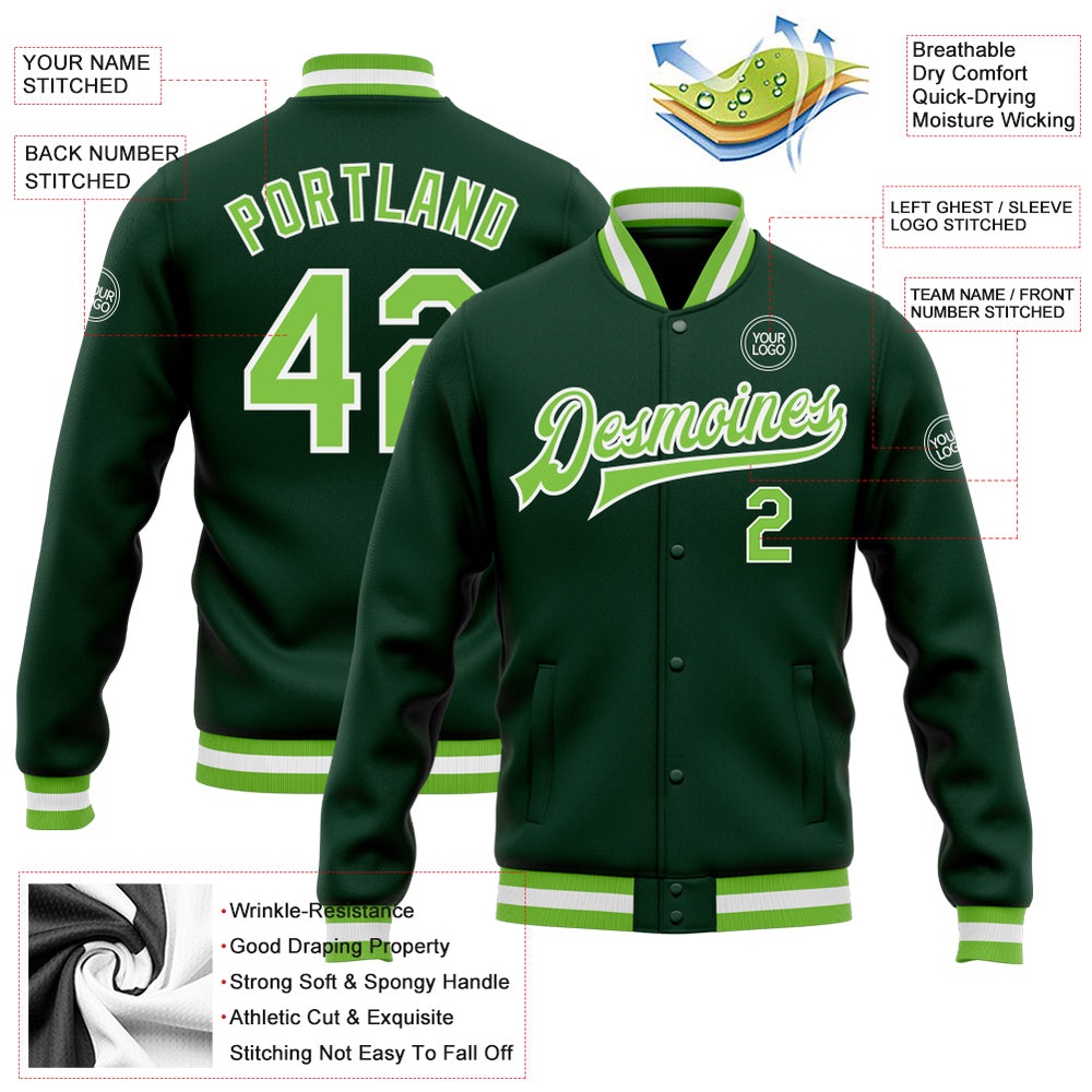 Custom Green Neon Green White Bomber Full Snap Baseball Jacket, Custom Team Jacket