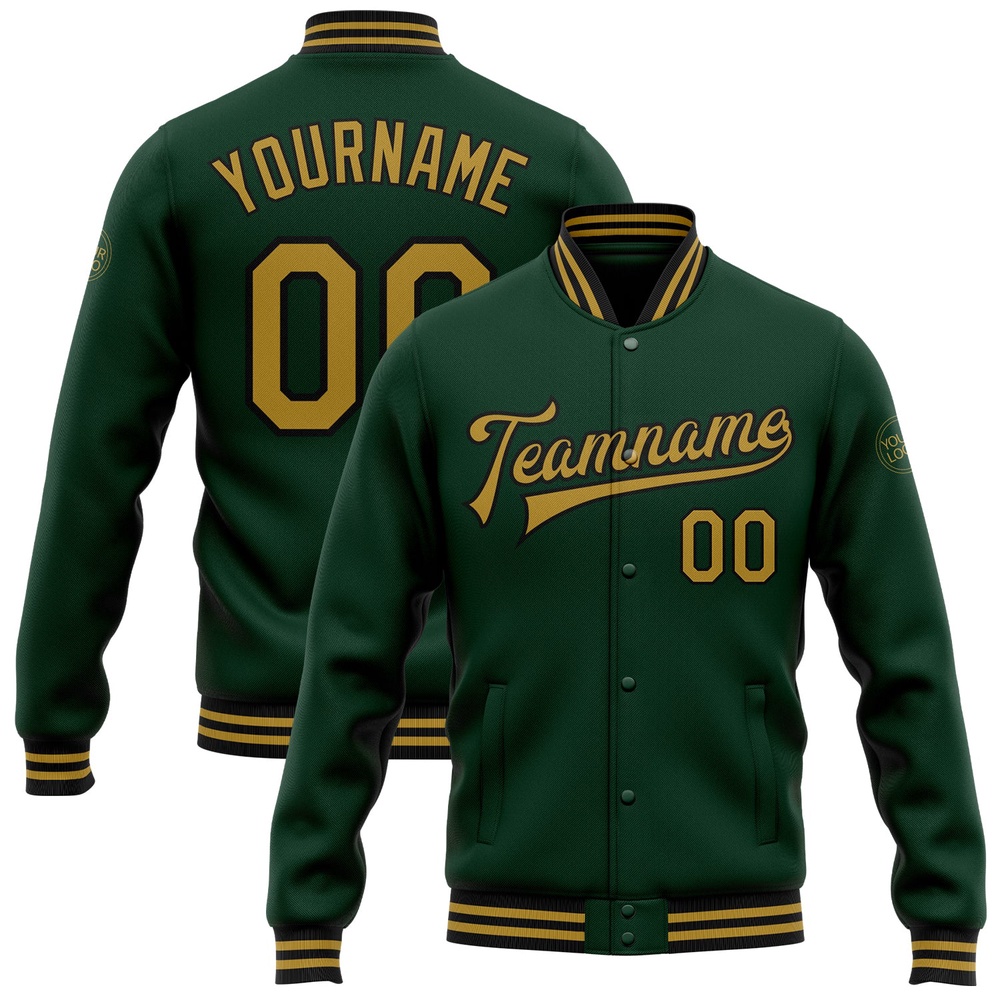 Custom Green Old Gold Black Bomber Full Snap Baseball Jacket, Custom Team Jacket Custom Green Old Gold Black Bomber Full Snap Baseball Jacket, Custom Team Jacket