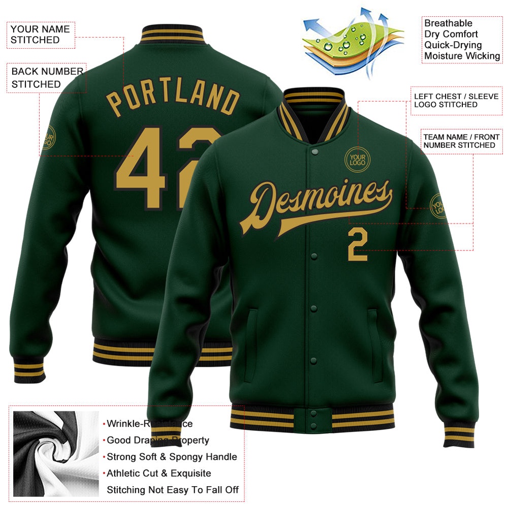Custom Green Old Gold Black Bomber Full Snap Baseball Jacket, Custom Team Jacket Custom Green Old Gold Black Bomber Full Snap Baseball Jacket, Custom Team Jacket