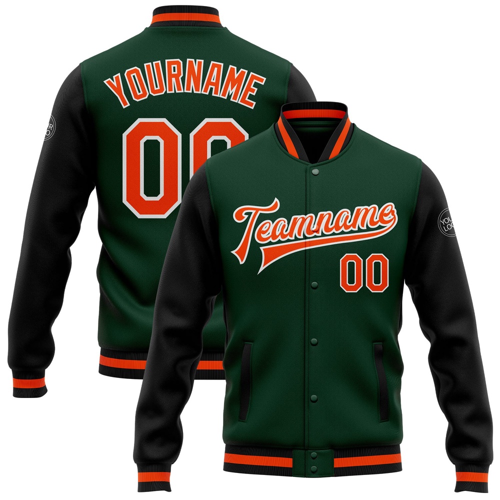 Custom Green Orange Black Bomber Full Snap Varsity Baseball Jacket, Custom Team Jacket Custom Green Orange Black Bomber Full Snap Varsity Baseball Jacket, Custom Team Jacket
