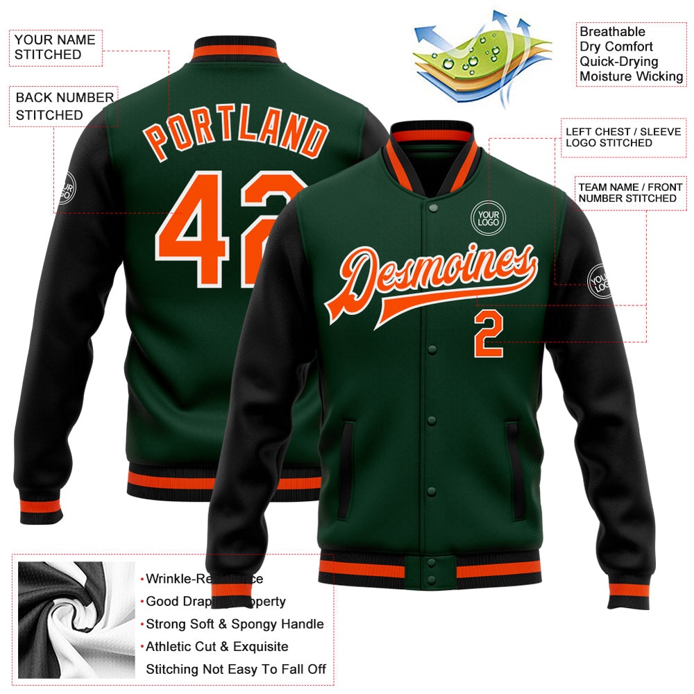 Custom Green Orange Black Bomber Full Snap Varsity Baseball Jacket, Custom Team Jacket Custom Green Orange Black Bomber Full Snap Varsity Baseball Jacket, Custom Team Jacket