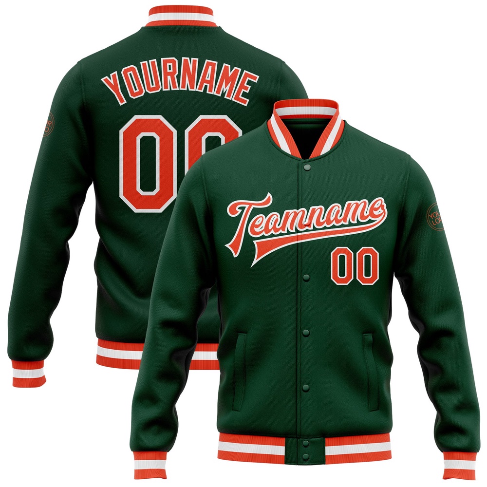 Custom Green Orange White Bomber Full Snap Baseball Jacket, Custom Team Jacket