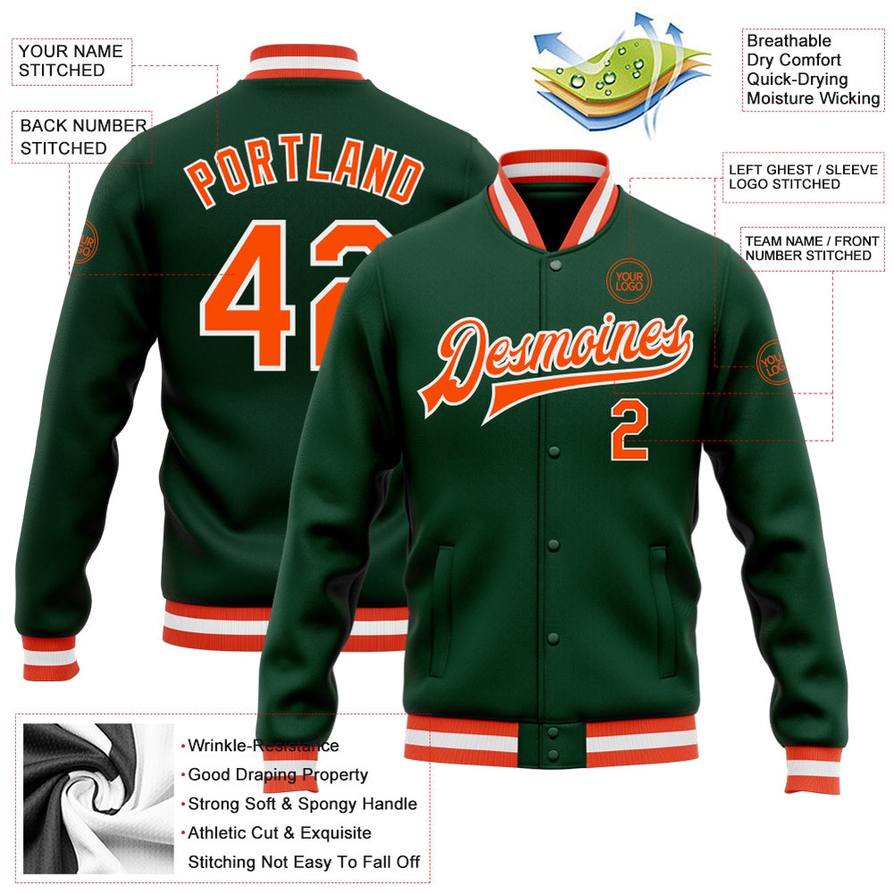 Custom Green Orange White Bomber Full Snap Baseball Jacket, Custom Team Jacket