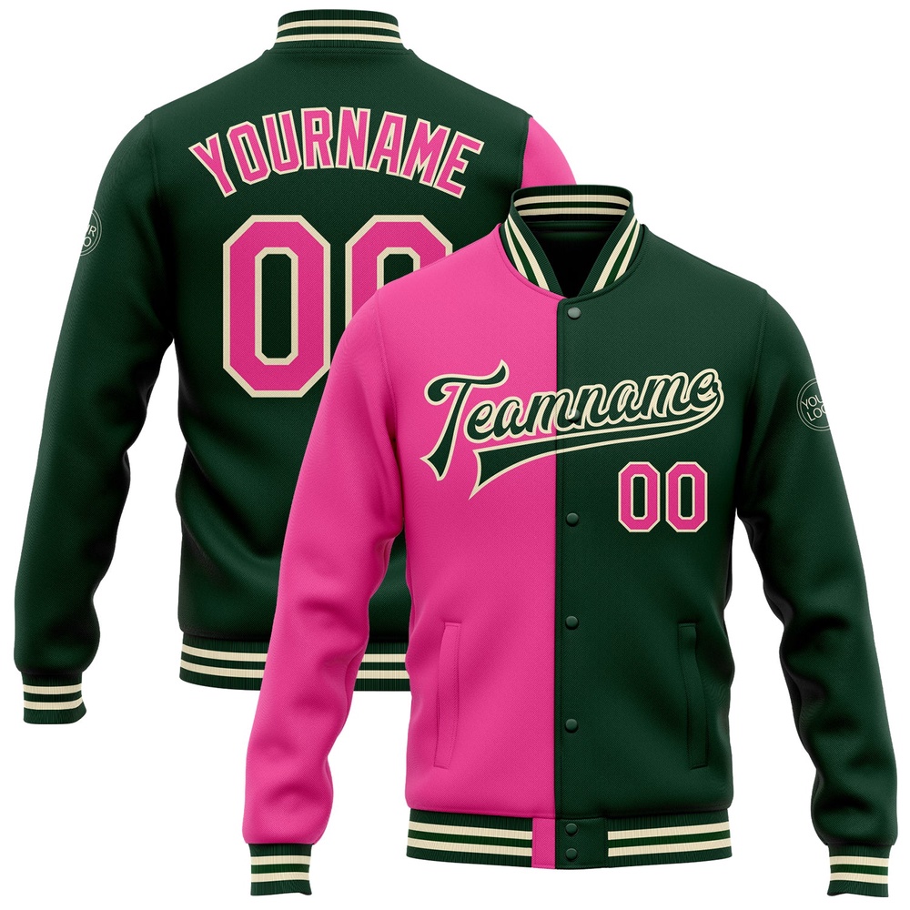 Custom Green Pink Cream Bomber Full Snap Varsity Letterman Split Fashion Jacket, Custom Team Jacket Custom Green Pink Cream Bomber Full Snap Varsity Letterman Split Fashion Jacket, Custom Team Jacket