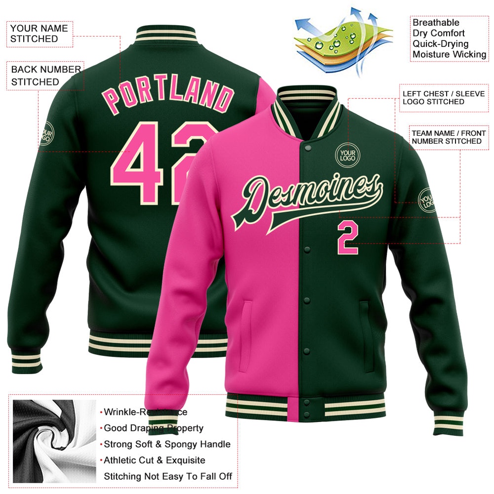 Custom Green Pink Cream Bomber Full Snap Varsity Letterman Split Fashion Jacket, Custom Team Jacket Custom Green Pink Cream Bomber Full Snap Varsity Letterman Split Fashion Jacket, Custom Team Jacket