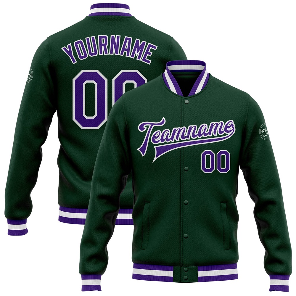 Custom Green Purple White Bomber Full Snap Baseball Jacket, Custom Team Jacket Custom Green Purple White Bomber Full Snap Baseball Jacket, Custom Team Jacket
