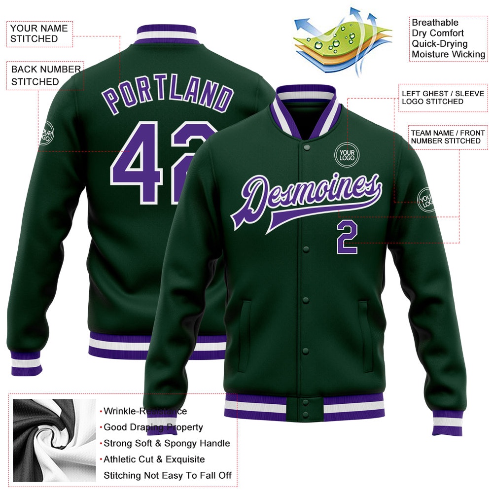 Custom Green Purple White Bomber Full Snap Baseball Jacket, Custom Team Jacket Custom Green Purple White Bomber Full Snap Baseball Jacket, Custom Team Jacket